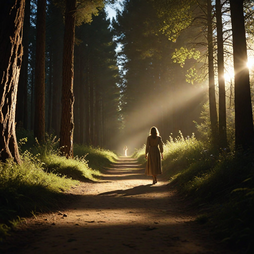 This image is of a person walking on a dirt path with trees, sunlight filtering through the leaves, and a misty  atmosphere.