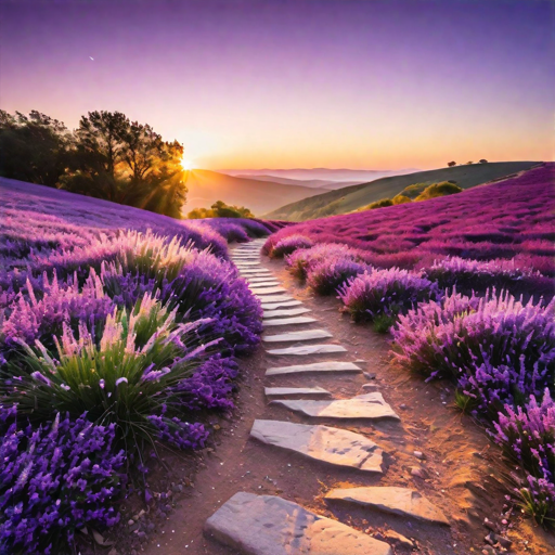 This image is of a landscape with beautiful vibrant purple flowers alon a dirt and stone path, against a backdrop of roling hills and sky.