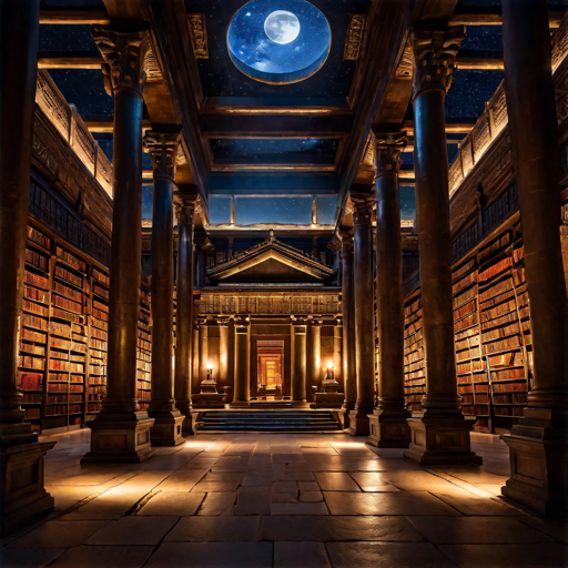 This image is of a grand, ancient library with tall columns, shelves of books, and a view of the moon through a circular ceiling opening.